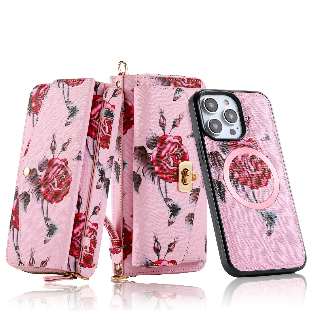 Flower Embellished Zipper Purse and Wallet Duo Case - iPhone