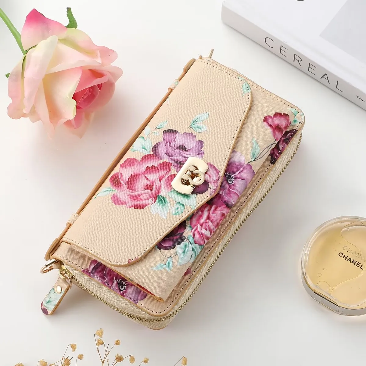 Flower Embellished Zipper Purse and Wallet Duo Case - iPhone