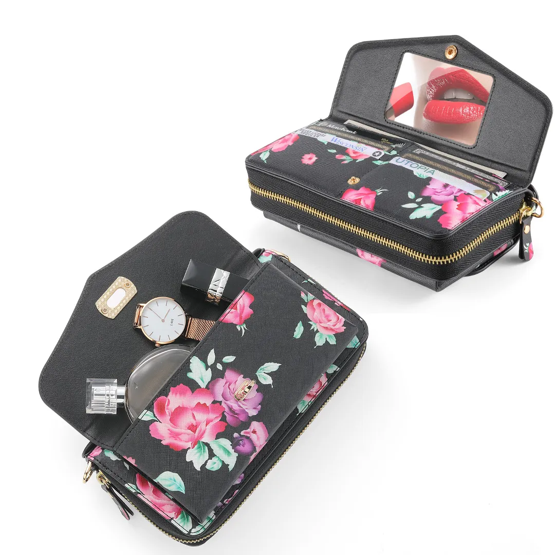 Flower Embellished Zipper Purse and Wallet Duo Case - iPhone