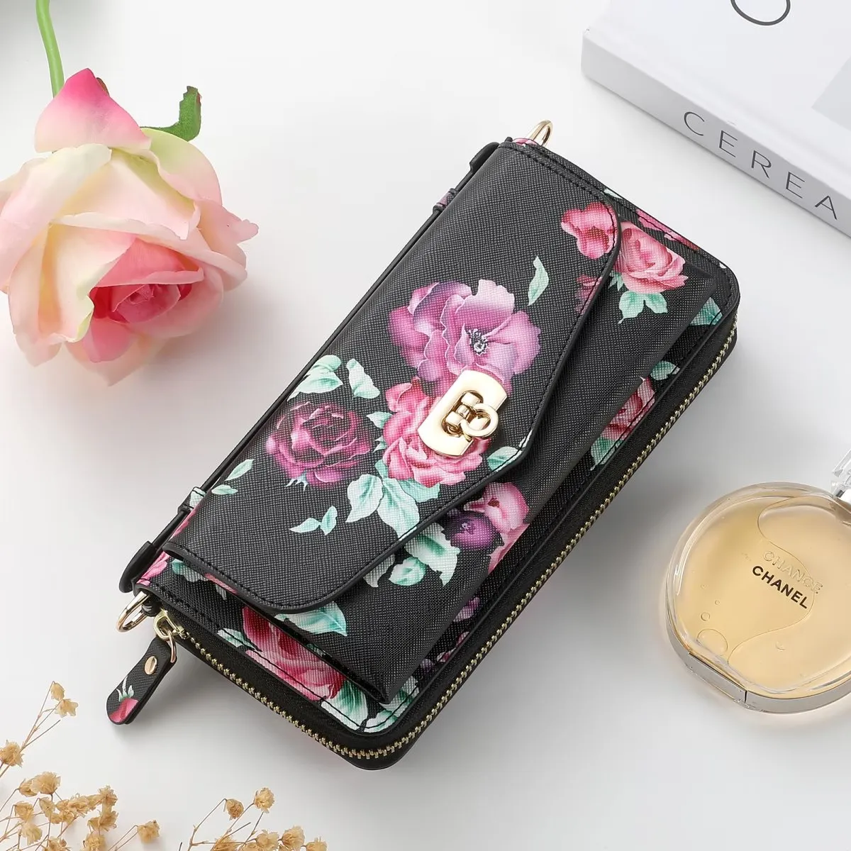 Flower Embellished Zipper Purse and Wallet Duo Case - iPhone