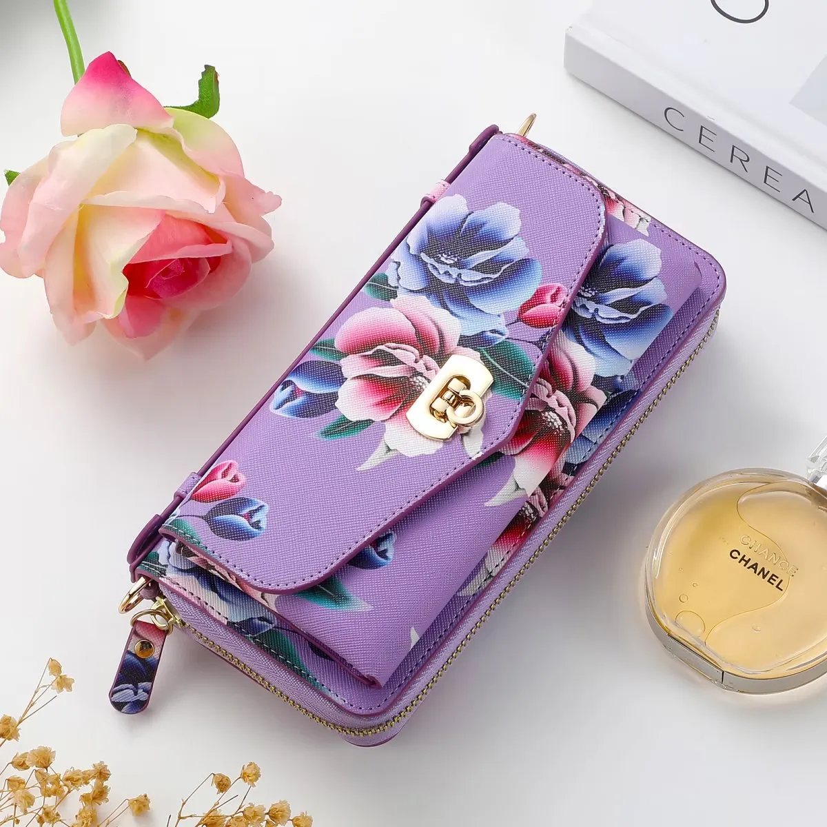 Flower Embellished Zipper Purse and Wallet Duo Case - iPhone
