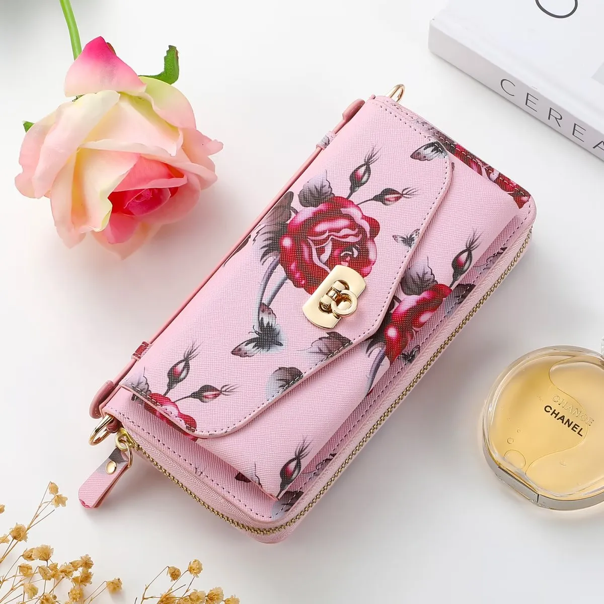 Flower Embellished Zipper Purse and Wallet Duo Case - iPhone