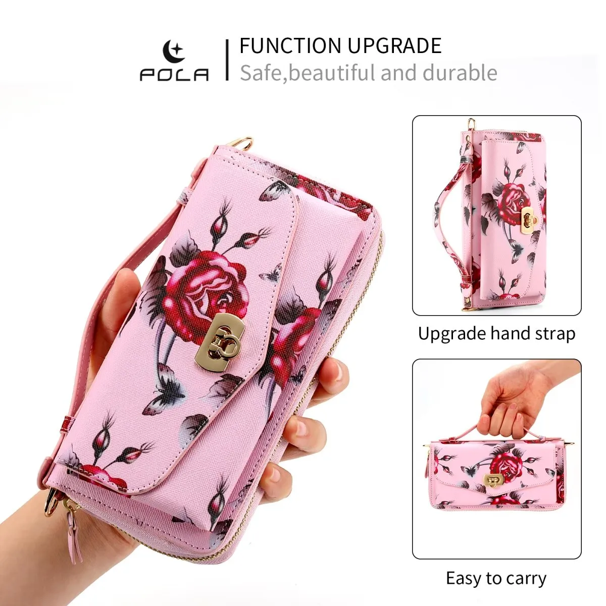 Flower Embellished Zipper Purse and Wallet Duo Case - iPhone