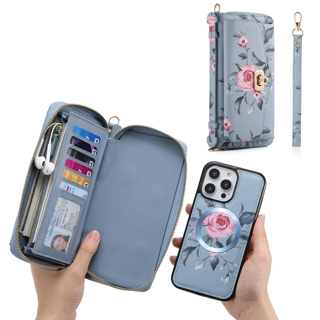 Flower Embellished Zipper Purse and Wallet Duo Case - iPhone