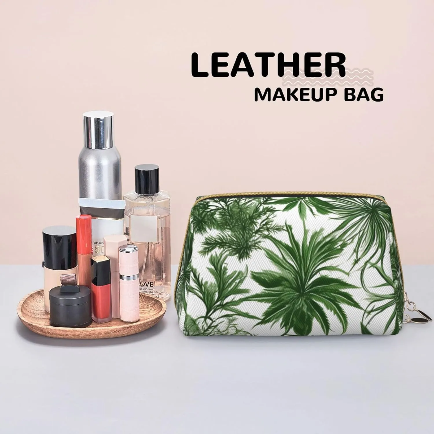 Flowering Herbs And Herbaceous Plants Leather Toiletry Organizer Bag, Travel-Friendly Makeup Pouch For Women