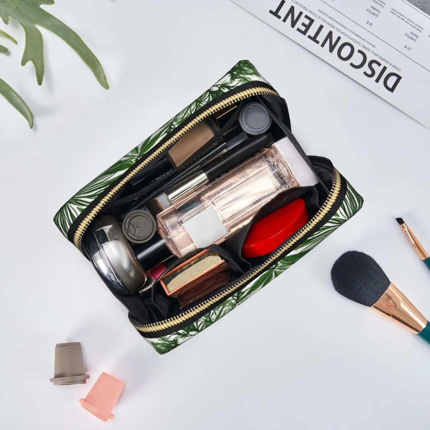 Flowering Herbs And Herbaceous Plants Leather Toiletry Organizer Bag, Travel-Friendly Makeup Pouch For Women