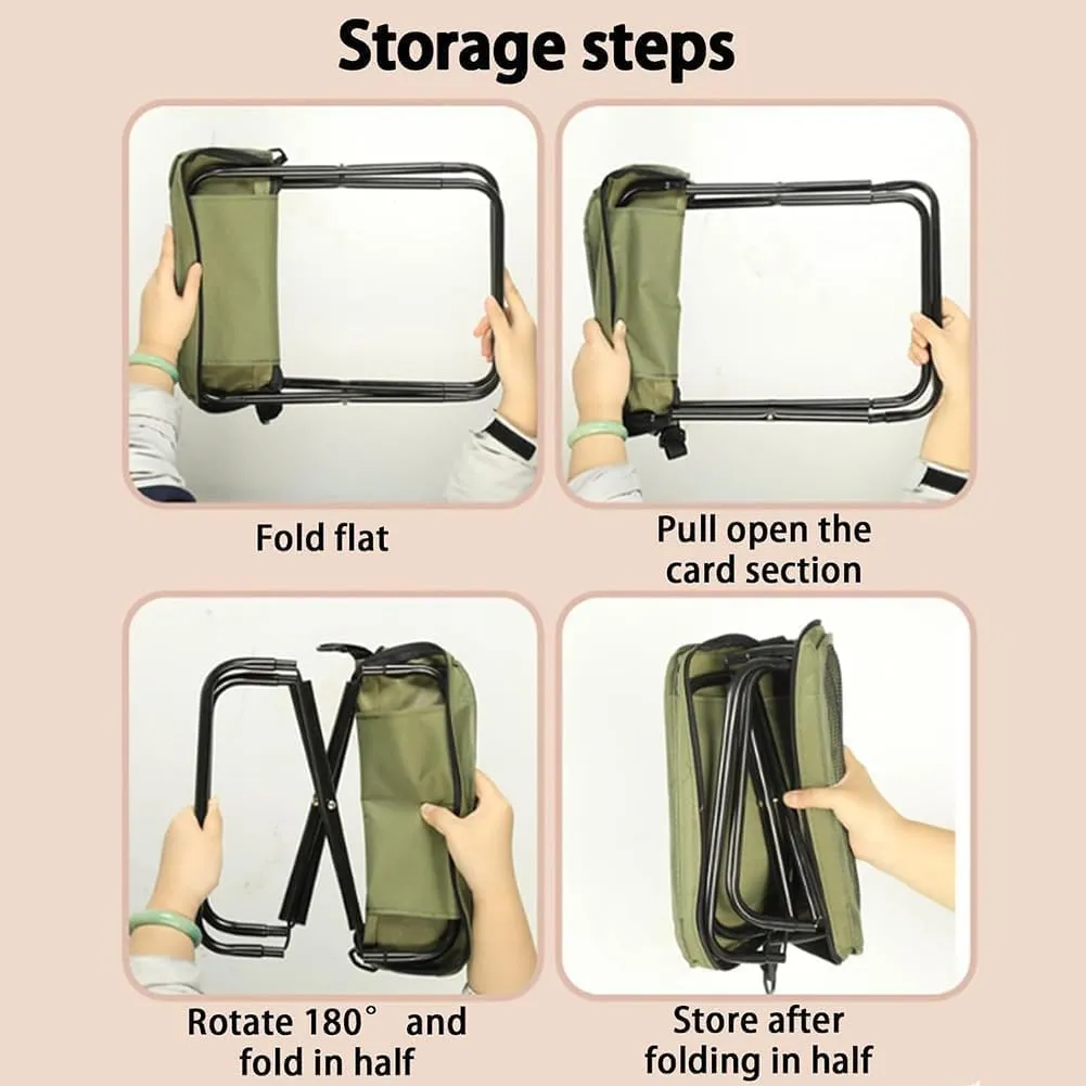 Foldable Backpack Stool, Portable Mini Outdoor Camping Folding Seat with Adjustable Shoulder Strap, for Camping, Fishing, Hiking, Picnics, Outdoor Barbecue (Green, Small)