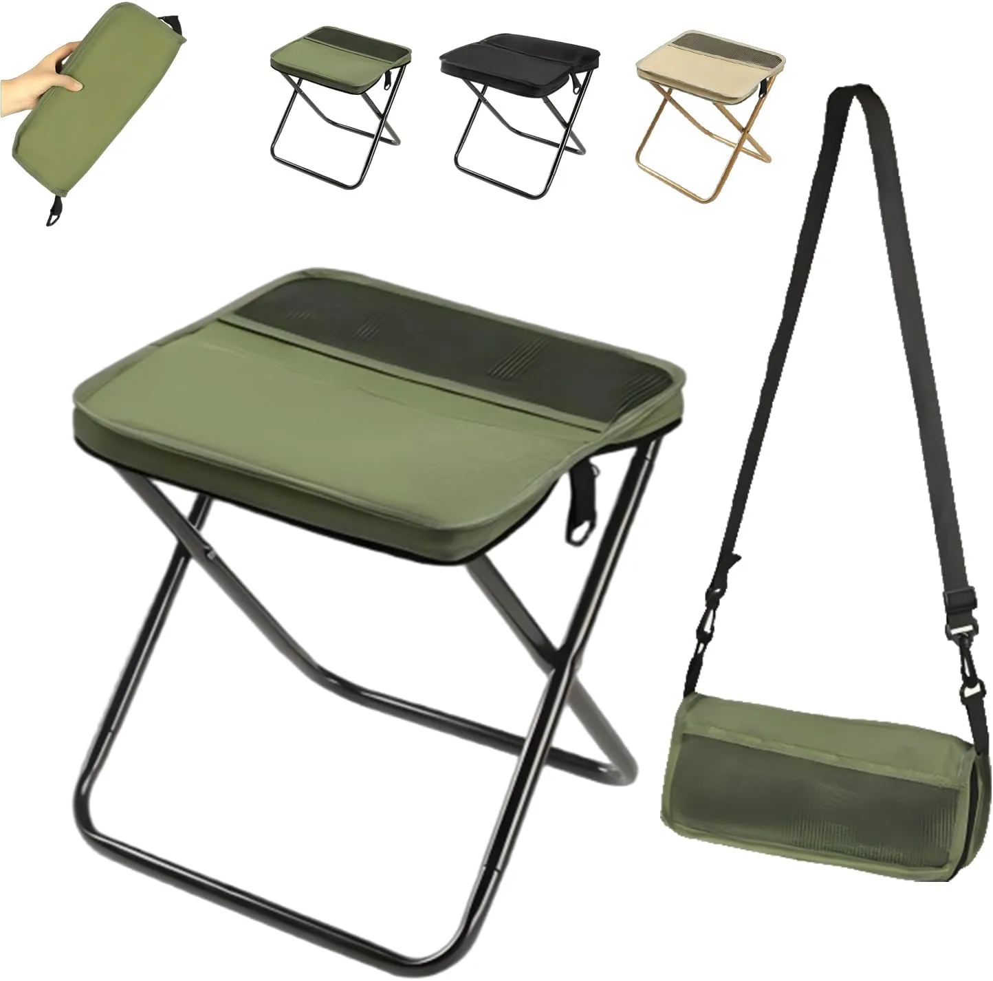Foldable Backpack Stool, Portable Mini Outdoor Camping Folding Seat with Adjustable Shoulder Strap, for Camping, Fishing, Hiking, Picnics, Outdoor Barbecue (Green, Small)