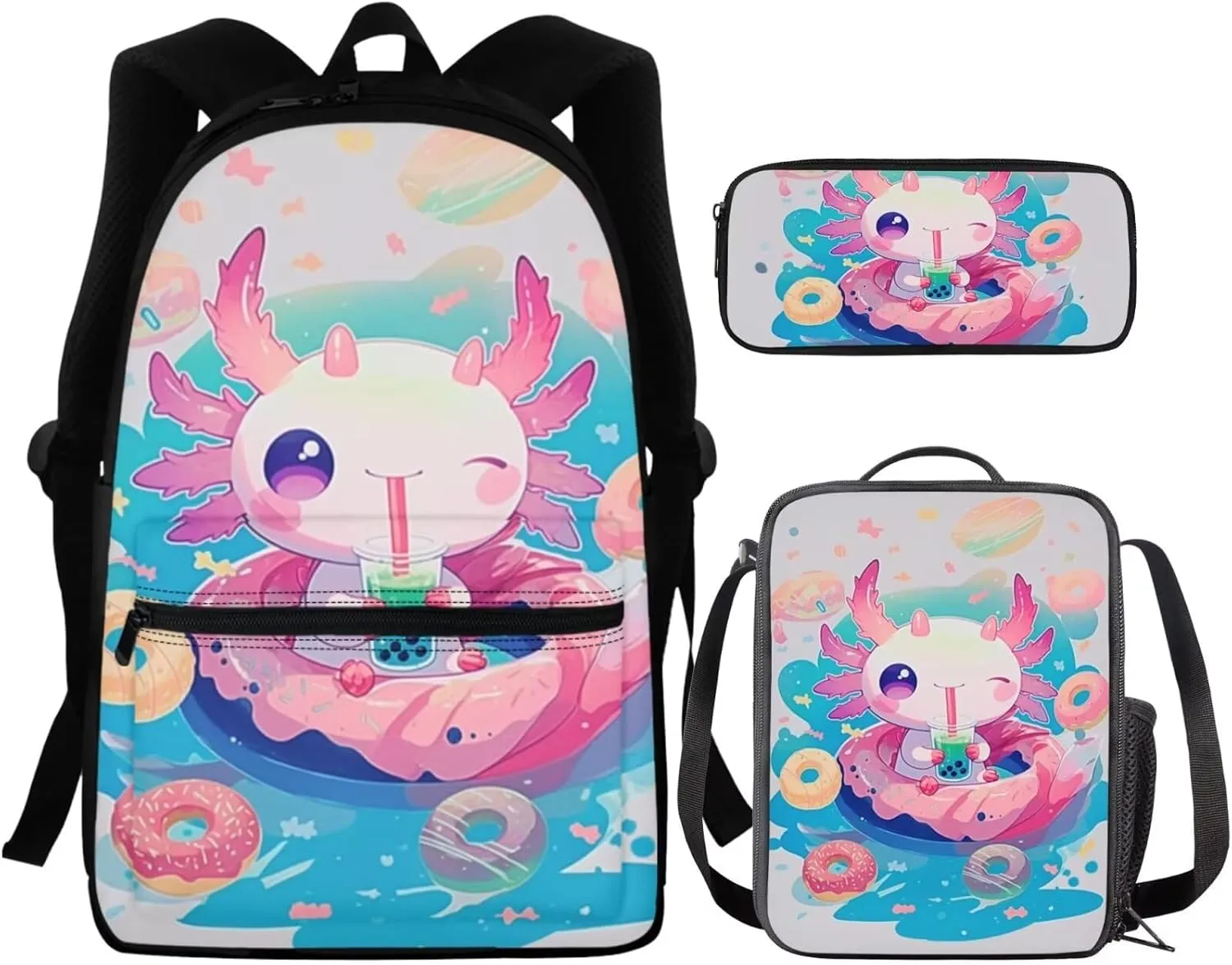 FOR U DESIGNS Axolotl Bubble Tea Cute Backpack for Girls Ergonomic Bookbag and Lunch Box Set 15 Inch School Bag 3rd Grade Kindergarten Book Bag Adjustable Travel Daypack