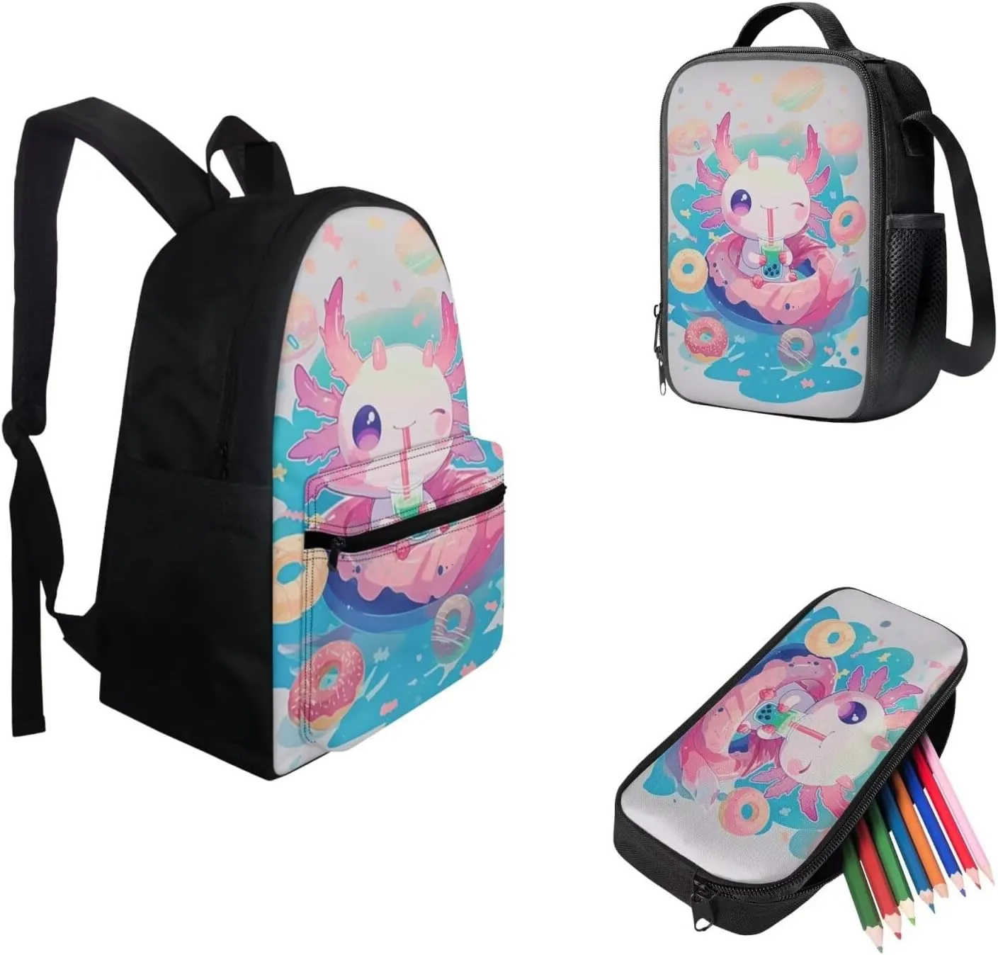 FOR U DESIGNS Axolotl Bubble Tea Cute Backpack for Girls Ergonomic Bookbag and Lunch Box Set 15 Inch School Bag 3rd Grade Kindergarten Book Bag Adjustable Travel Daypack