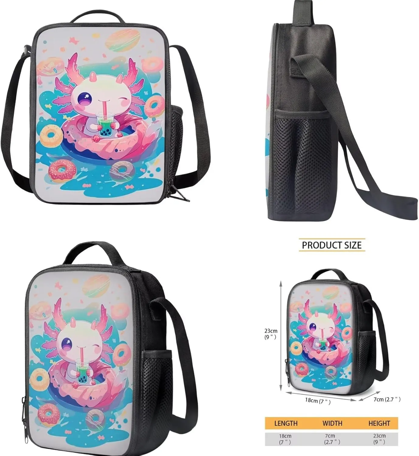 FOR U DESIGNS Axolotl Bubble Tea Cute Backpack for Girls Ergonomic Bookbag and Lunch Box Set 15 Inch School Bag 3rd Grade Kindergarten Book Bag Adjustable Travel Daypack