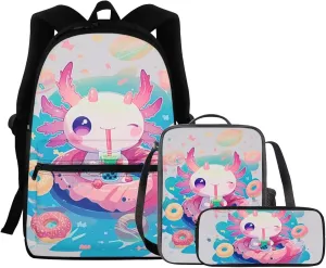 FOR U DESIGNS Axolotl Bubble Tea Cute Backpack for Girls Ergonomic Bookbag and Lunch Box Set 15 Inch School Bag 3rd Grade Kindergarten Book Bag Adjustable Travel Daypack