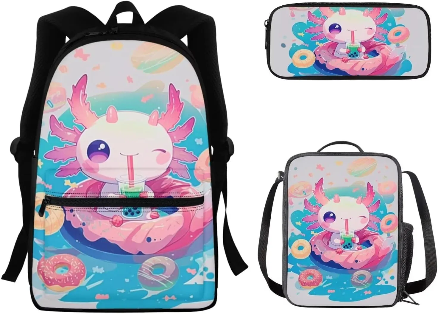 FOR U DESIGNS Axolotl Bubble Tea Cute Backpack for Girls Ergonomic Bookbag and Lunch Box Set 15 Inch School Bag 3rd Grade Kindergarten Book Bag Adjustable Travel Daypack