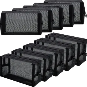 Frienda 10 Pieces Mesh Makeup Bag Portable Mesh Cosmetic Bag Black Zipper Pouch Breathable Travel Toiletry Bag for Home Offices Travel Accessories Organizer