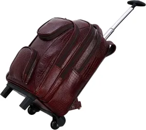 Full Grain Leather Backpack Travel Trolley Bag 18 Inch Cabin Size Leather Trolley Heavy Duty Backpack Bag (Croc Brown)