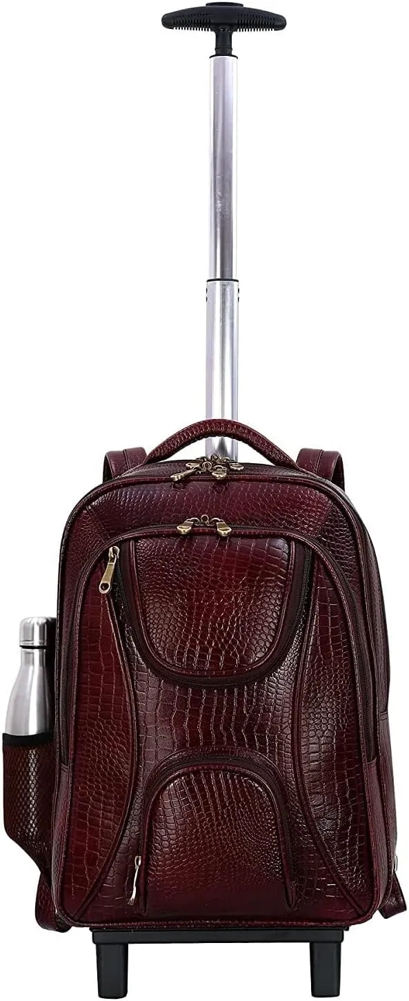 Full Grain Leather Backpack Travel Trolley Bag 18 Inch Cabin Size Leather Trolley Heavy Duty Backpack Bag (Croc Brown)