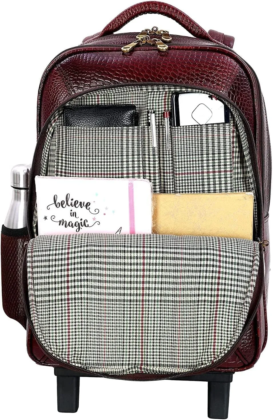 Full Grain Leather Backpack Travel Trolley Bag 18 Inch Cabin Size Leather Trolley Heavy Duty Backpack Bag (Croc Brown)