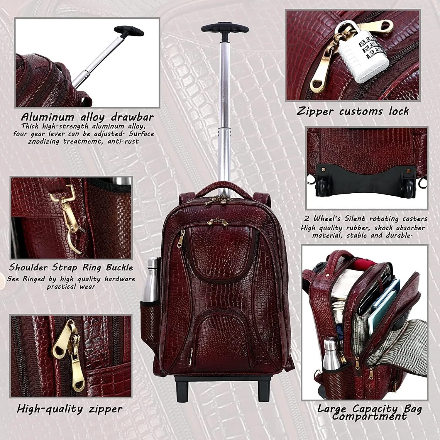 Full Grain Leather Backpack Travel Trolley Bag 18 Inch Cabin Size Leather Trolley Heavy Duty Backpack Bag (Croc Brown)