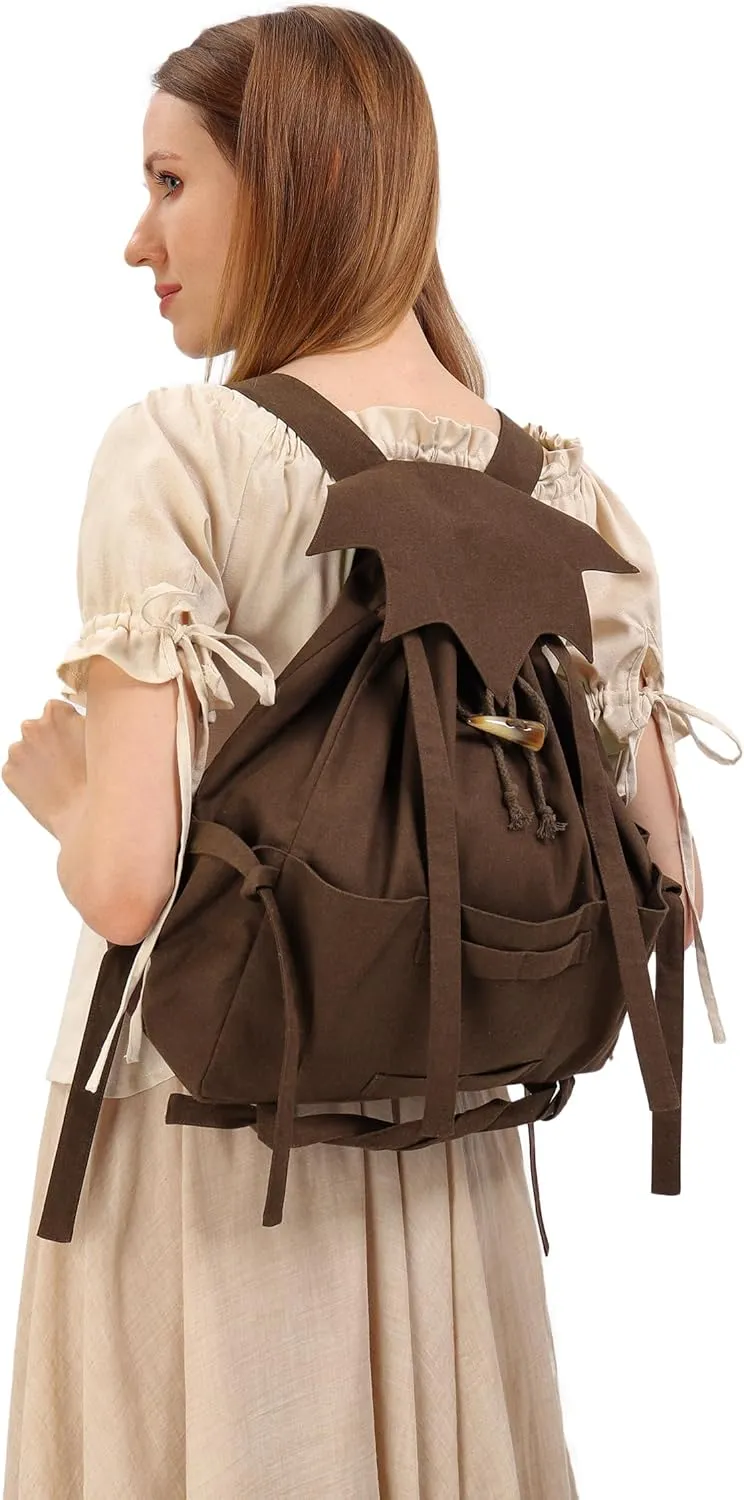 FURPHI Medieval Drawstring Backpack Vintage Renaissance Canvas Bag Ren Faire LARP Cosplay Accessories (Brown)