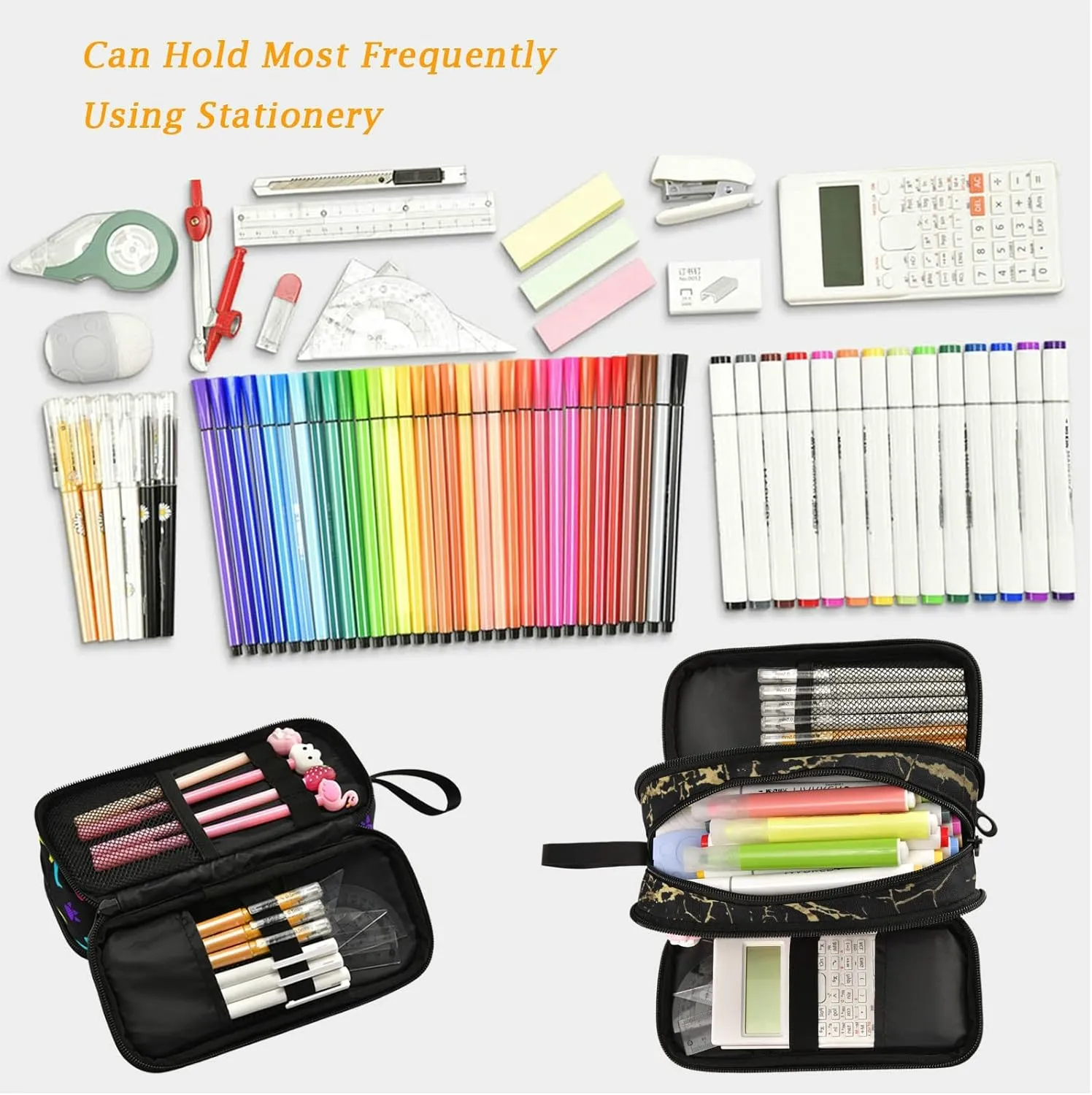 Fustylead Trendy Black Golden Lines Marble Print Large Pencil Pen Case Stationery Bag, 3 Compartments School College Office Desk Organizer Storage Pouch Marker for Teen Boys Girls Students