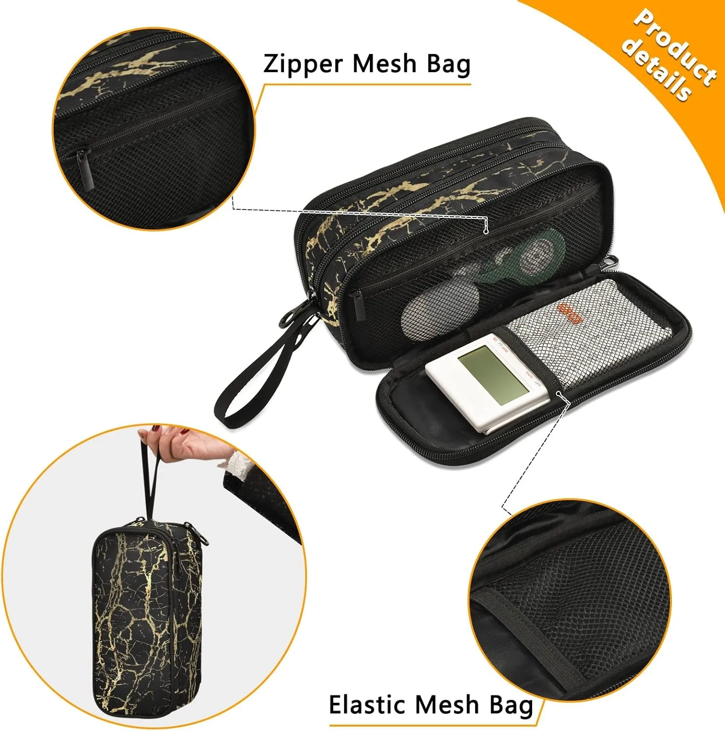Fustylead Trendy Black Golden Lines Marble Print Large Pencil Pen Case Stationery Bag, 3 Compartments School College Office Desk Organizer Storage Pouch Marker for Teen Boys Girls Students