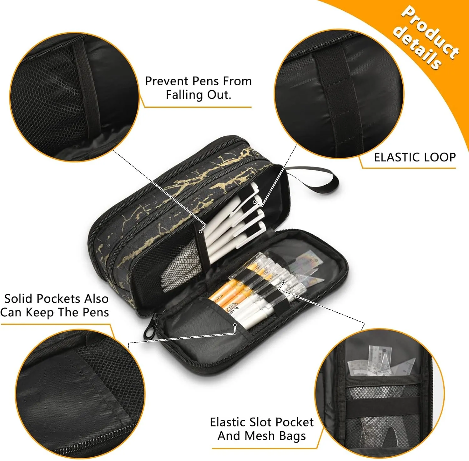Fustylead Trendy Black Golden Lines Marble Print Large Pencil Pen Case Stationery Bag, 3 Compartments School College Office Desk Organizer Storage Pouch Marker for Teen Boys Girls Students