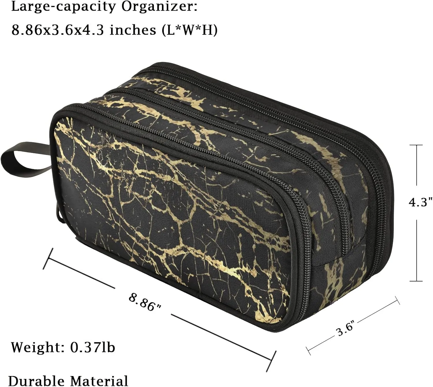 Fustylead Trendy Black Golden Lines Marble Print Large Pencil Pen Case Stationery Bag, 3 Compartments School College Office Desk Organizer Storage Pouch Marker for Teen Boys Girls Students