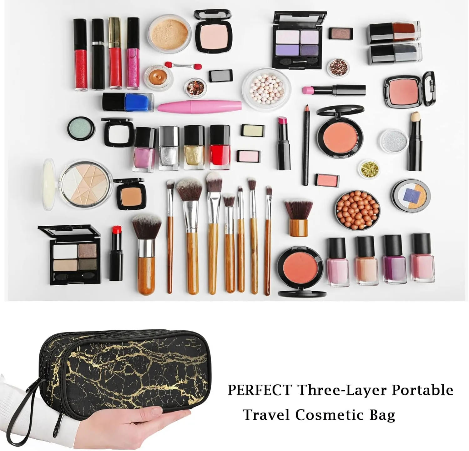 Fustylead Trendy Black Golden Lines Marble Print Large Pencil Pen Case Stationery Bag, 3 Compartments School College Office Desk Organizer Storage Pouch Marker for Teen Boys Girls Students