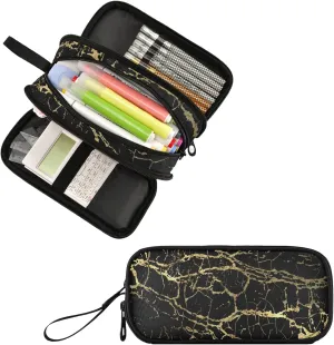 Fustylead Trendy Black Golden Lines Marble Print Large Pencil Pen Case Stationery Bag, 3 Compartments School College Office Desk Organizer Storage Pouch Marker for Teen Boys Girls Students