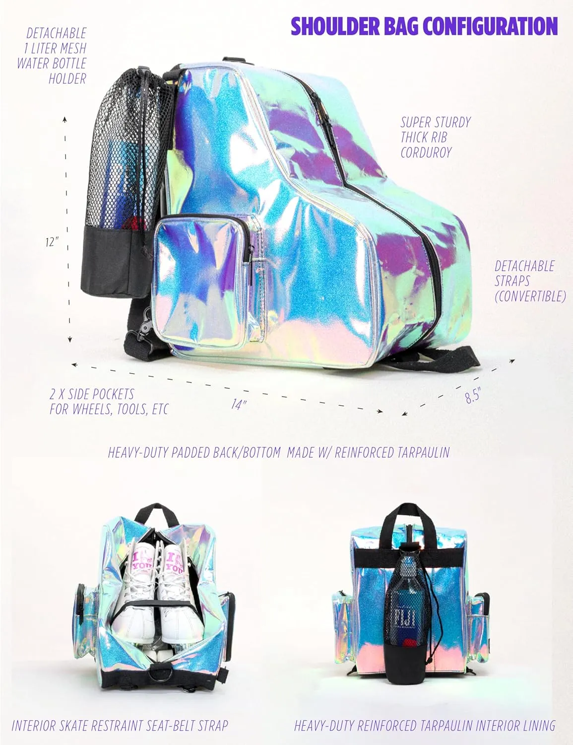 Fydelity- Retro Cute Roller Skate Bag for Women, Converts into Roller Skates Backpack –Heavy Duty Roller Skating Bag Fits Mens Ice Skate, Boys Inline Skates, Girls Figure Skates