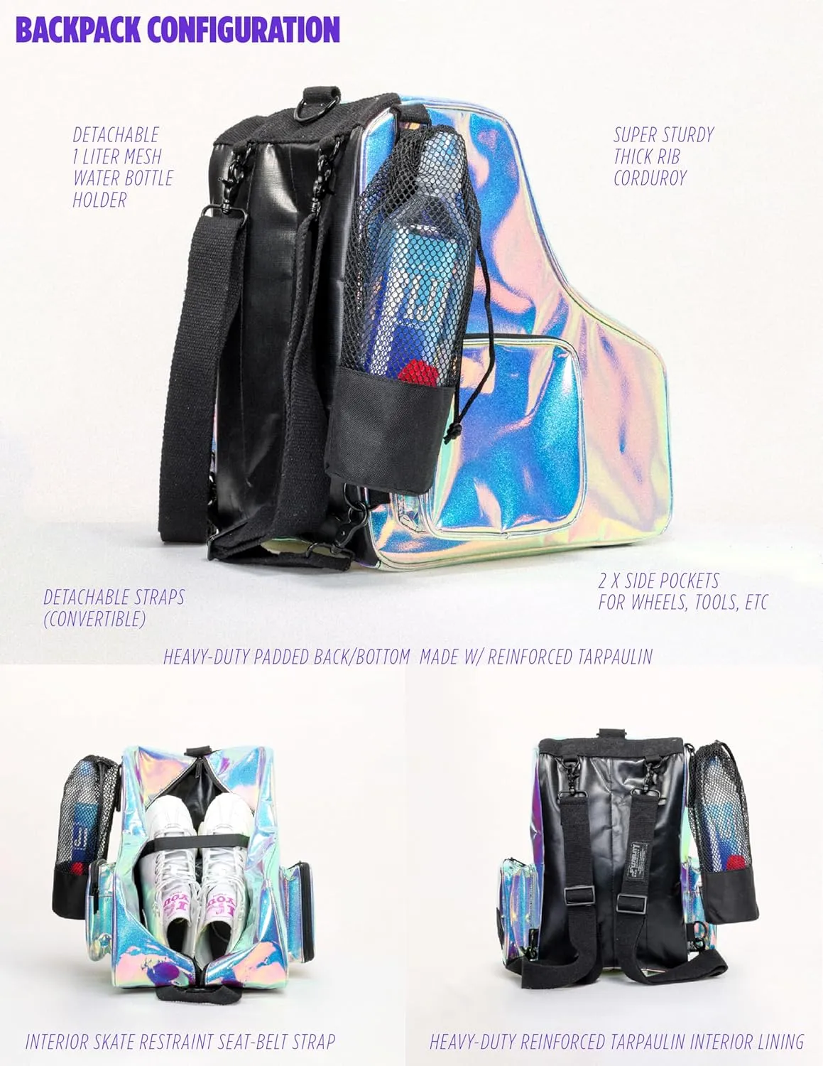 Fydelity- Retro Cute Roller Skate Bag for Women, Converts into Roller Skates Backpack –Heavy Duty Roller Skating Bag Fits Mens Ice Skate, Boys Inline Skates, Girls Figure Skates