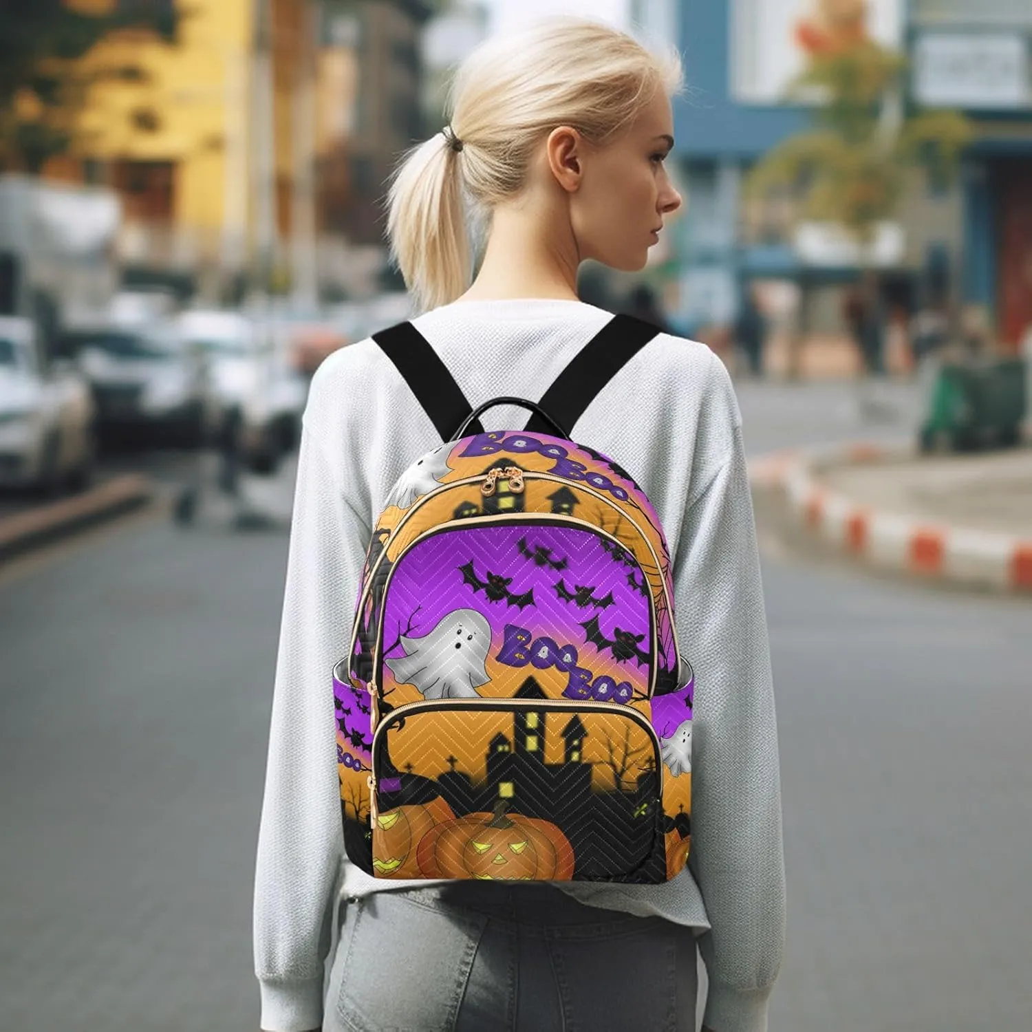 GAIGEO Halloween Scary Night Womens Casual Daypack, Lightweight Day Trip Backpack, Women Backpack for Travel, M