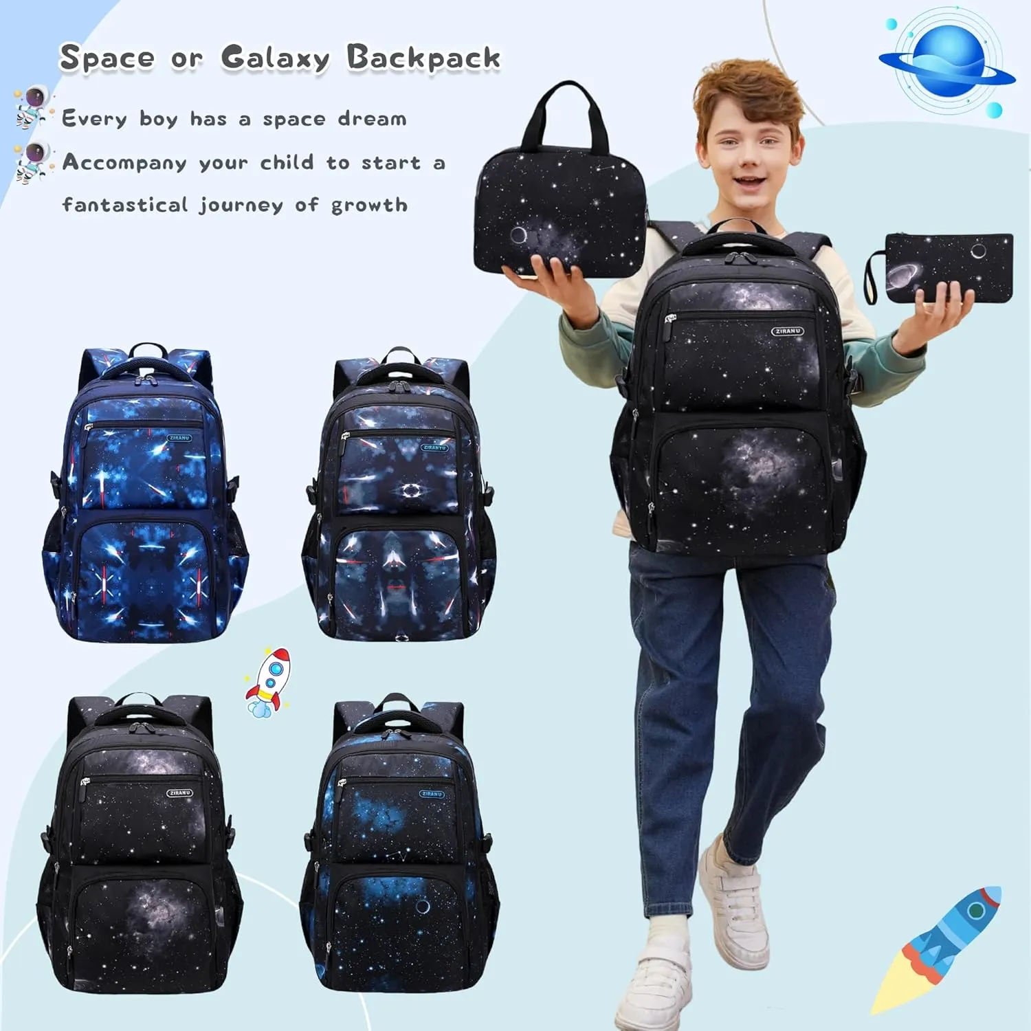 Galaxy-Print School-Bag Backpack for Boys Middle-School Elementary Bookbag