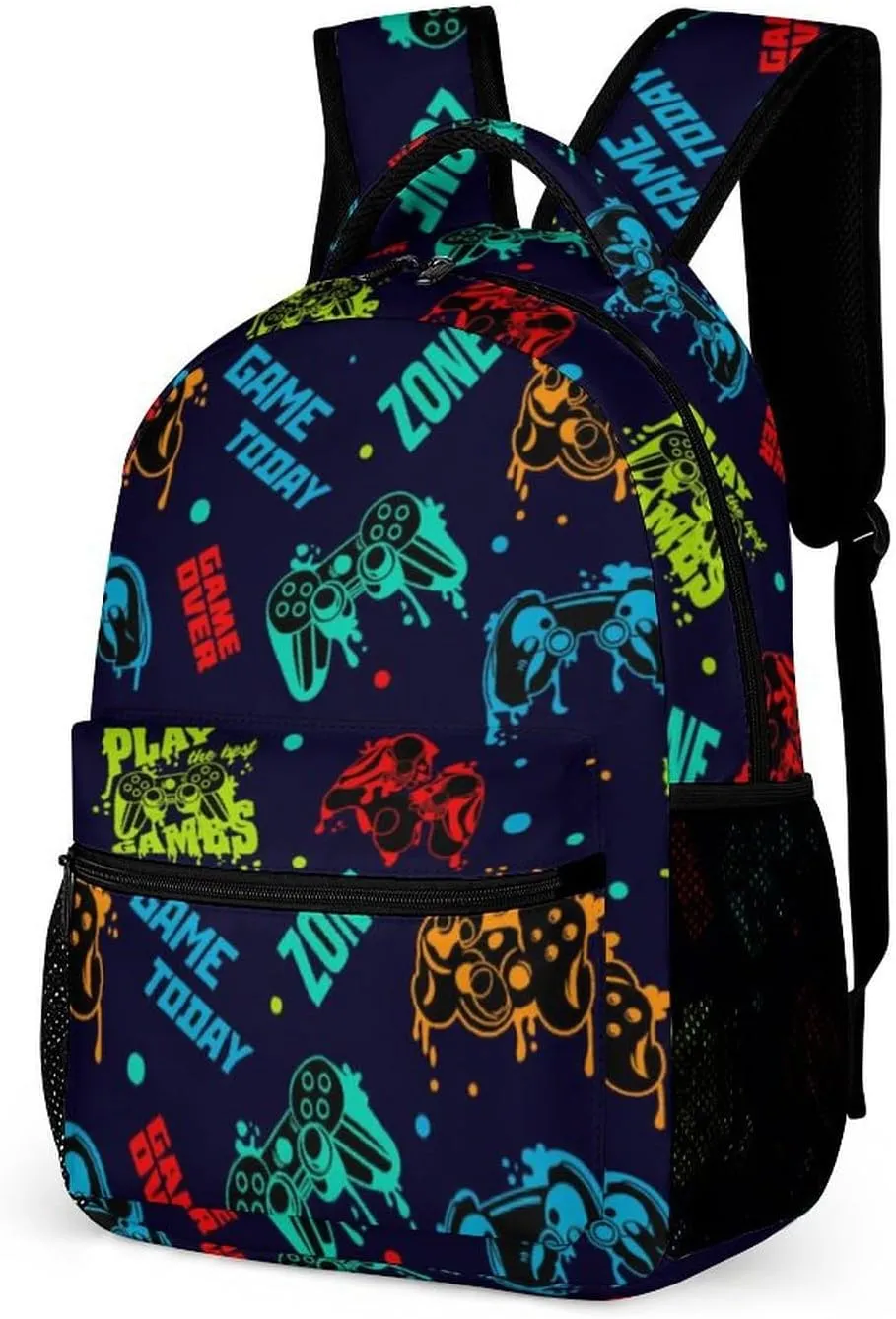 Gamepad School Backpack for Kids Girls Boys, 16 Inch Cute Gaming Themed Bookbag, Personalized School Backpack for Students Children, Lightweight, Large Capacity