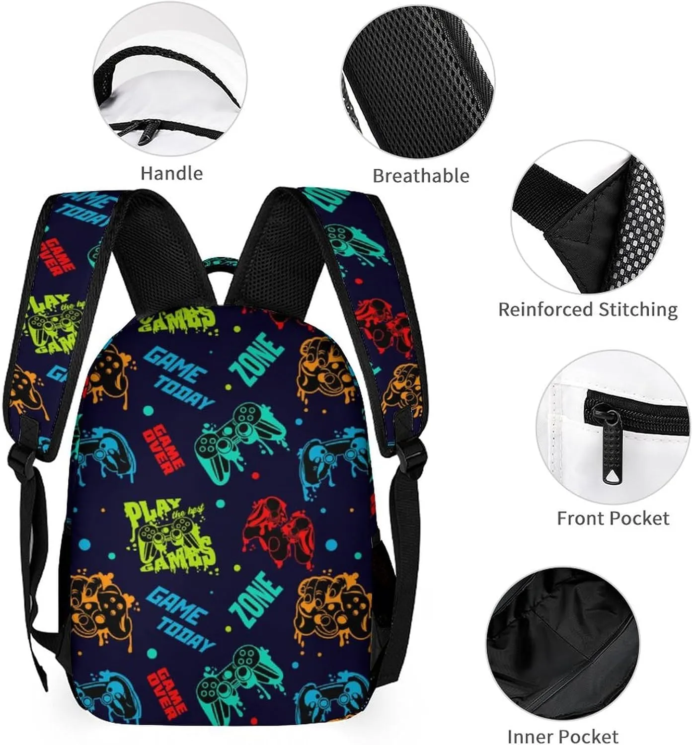 Gamepad School Backpack for Kids Girls Boys, 16 Inch Cute Gaming Themed Bookbag, Personalized School Backpack for Students Children, Lightweight, Large Capacity