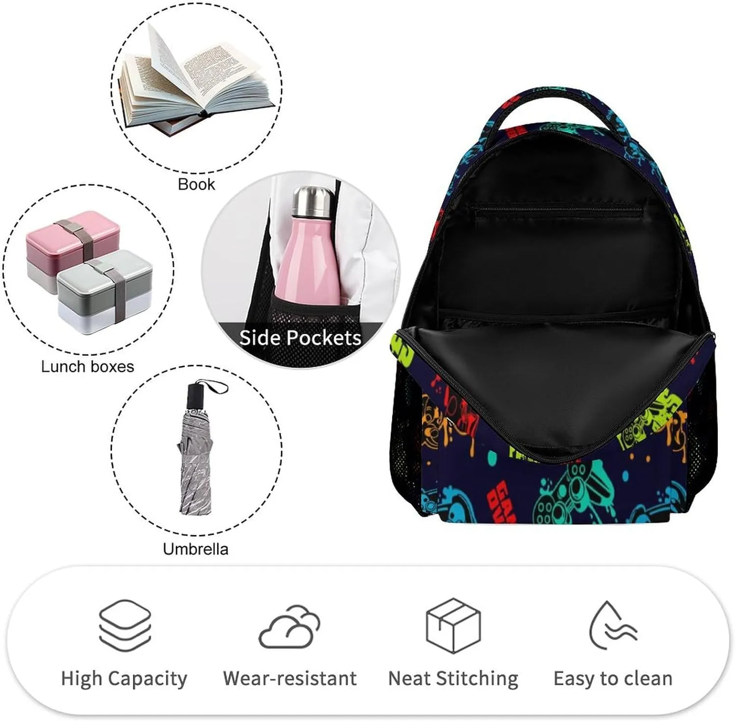 Gamepad School Backpack for Kids Girls Boys, 16 Inch Cute Gaming Themed Bookbag, Personalized School Backpack for Students Children, Lightweight, Large Capacity