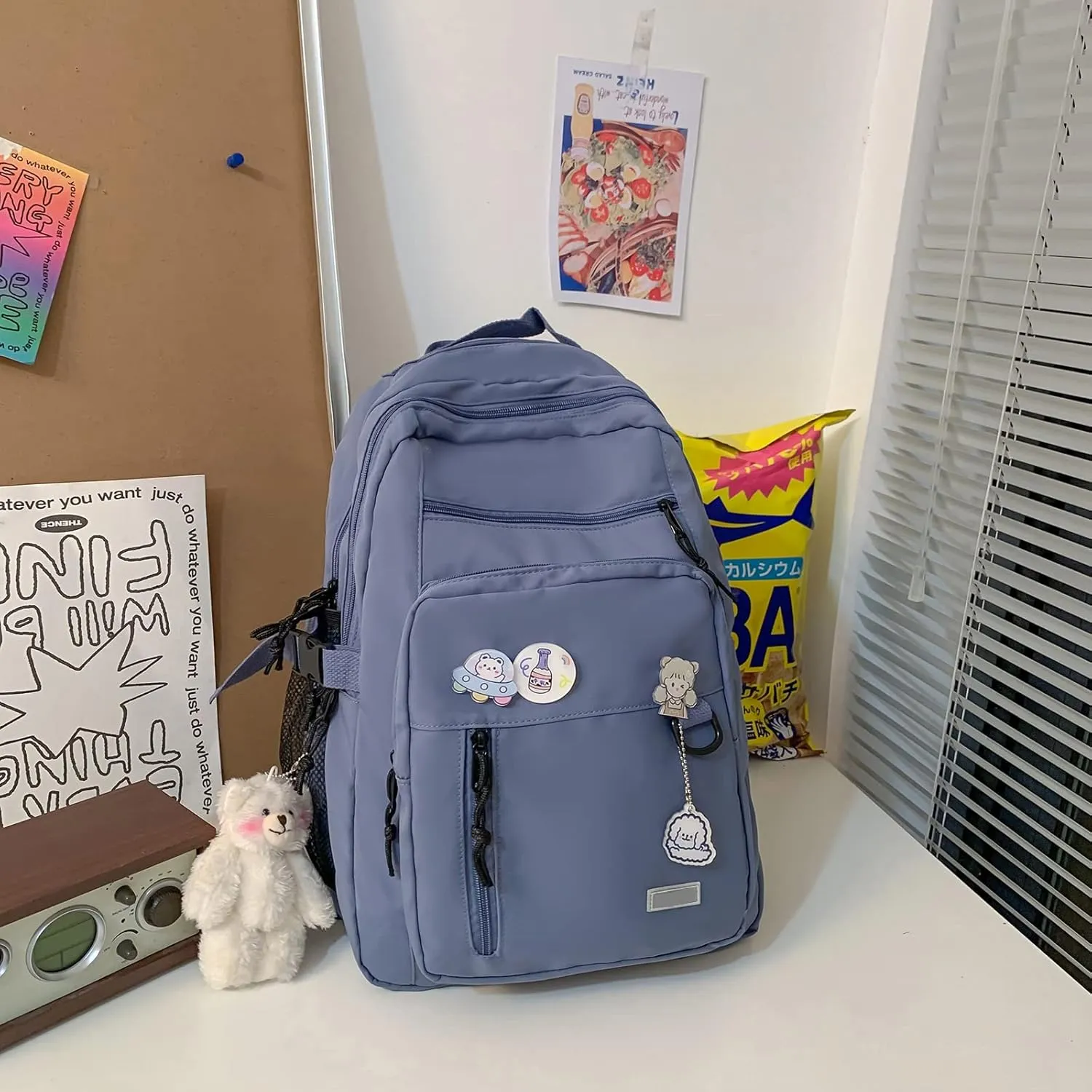 GAXOS Cute Aesthetic Backpack for School Middle Student Travel Blue Backpack Teens Girls Bear Pin Book Bags