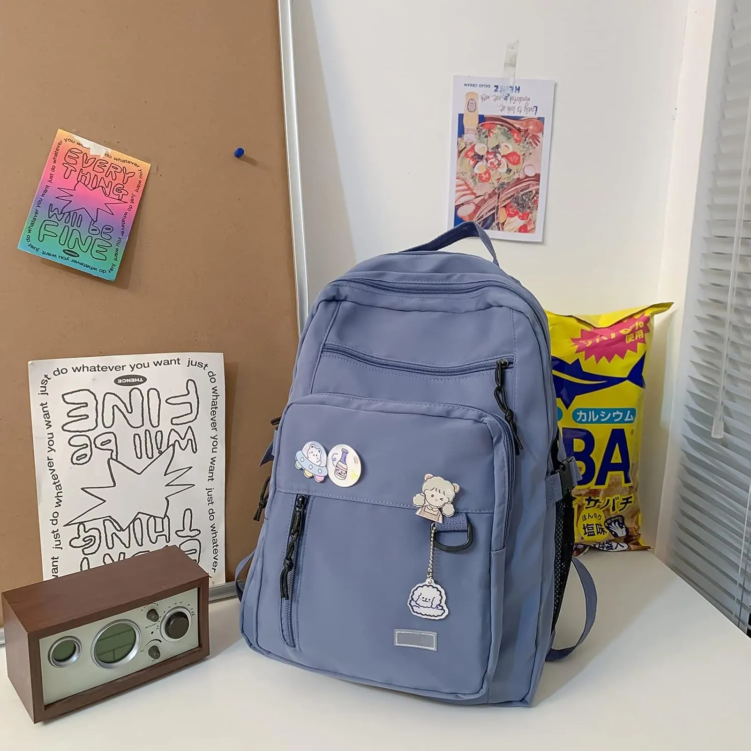 GAXOS Cute Aesthetic Backpack for School Middle Student Travel Blue Backpack Teens Girls Bear Pin Book Bags