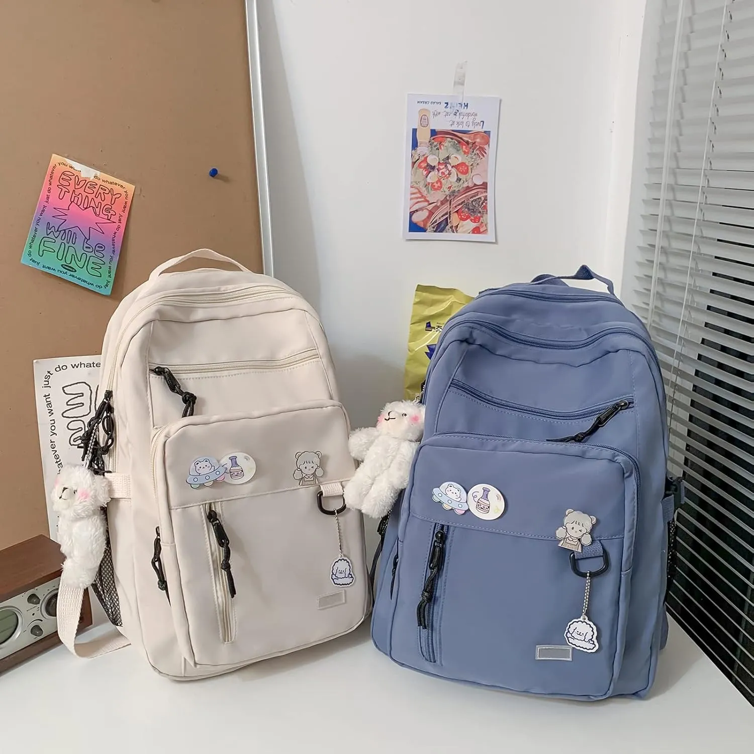 GAXOS Cute Aesthetic Backpack for School Middle Student Travel Blue Backpack Teens Girls Bear Pin Book Bags