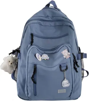 GAXOS Cute Aesthetic Backpack for School Middle Student Travel Blue Backpack Teens Girls Bear Pin Book Bags