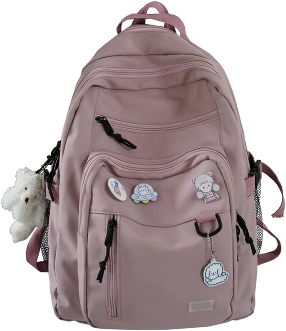 GAXOS Cute Aesthetic Backpack for School Middle Student Travel Pink Backpack Teens Girls Bear Pin Book Bags