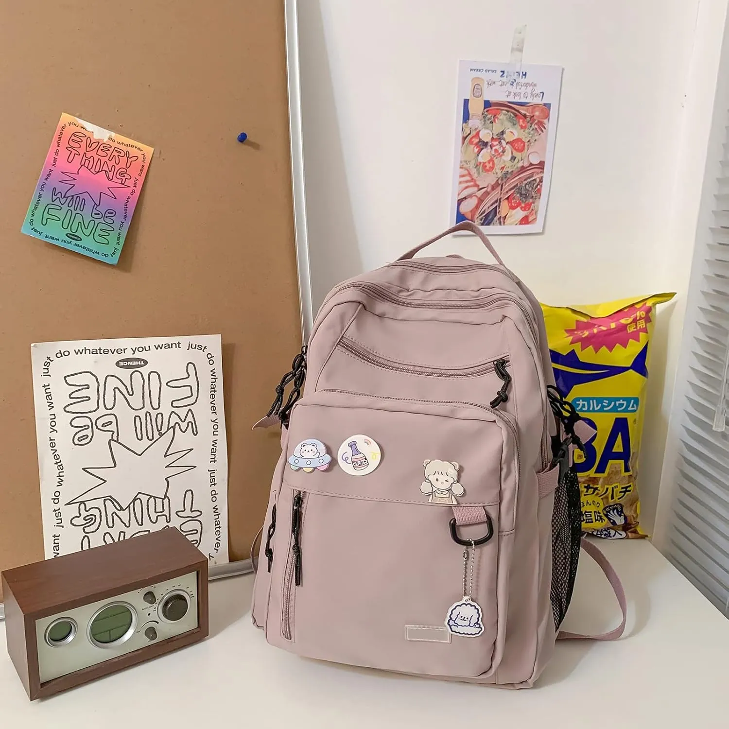 GAXOS Cute Aesthetic Backpack for School Middle Student Travel Pink Backpack Teens Girls Bear Pin Book Bags