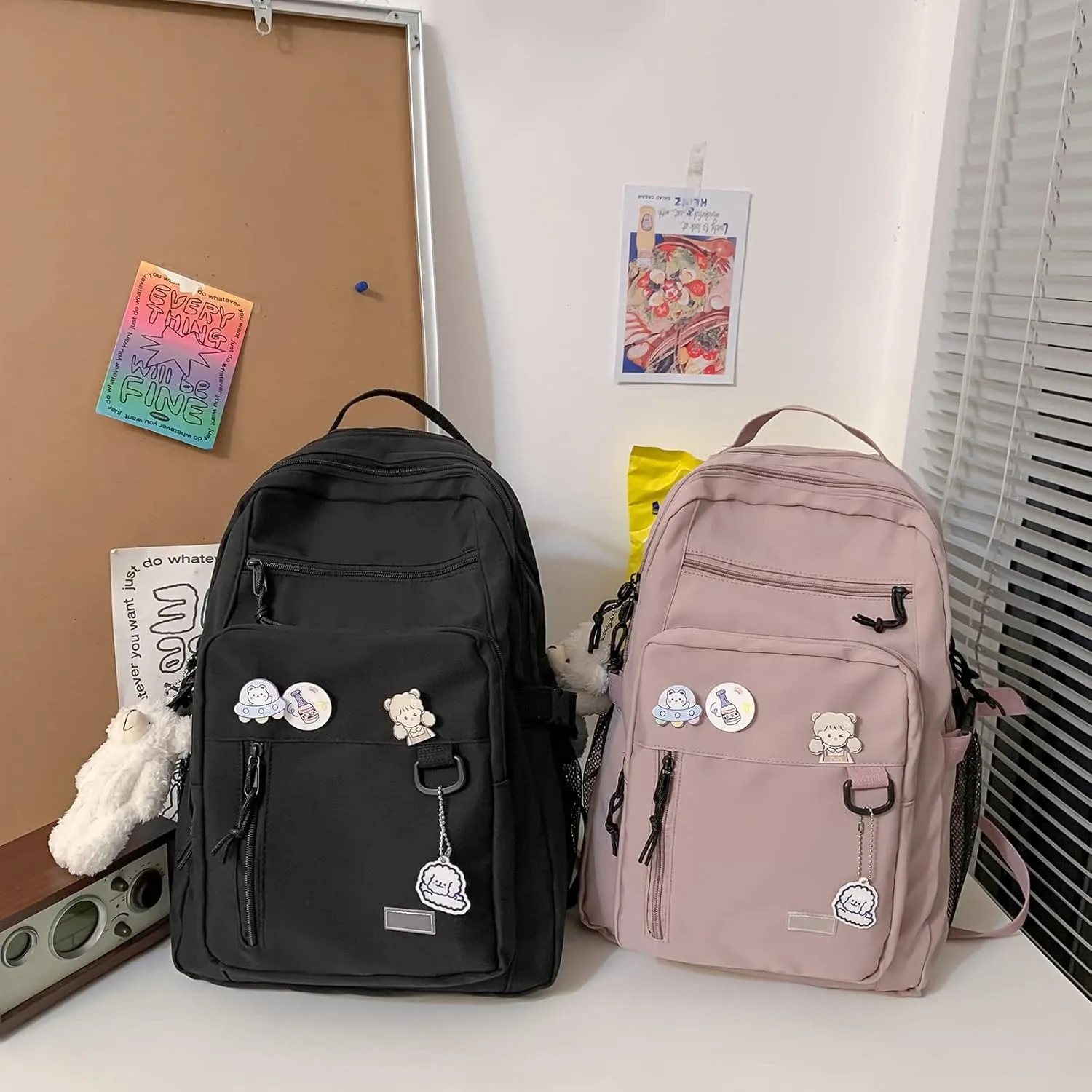 GAXOS Cute Aesthetic Backpack for School Middle Student Travel Pink Backpack Teens Girls Bear Pin Book Bags