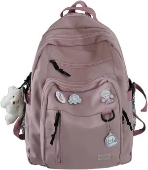 GAXOS Cute Aesthetic Backpack for School Middle Student Travel Pink Backpack Teens Girls Bear Pin Book Bags