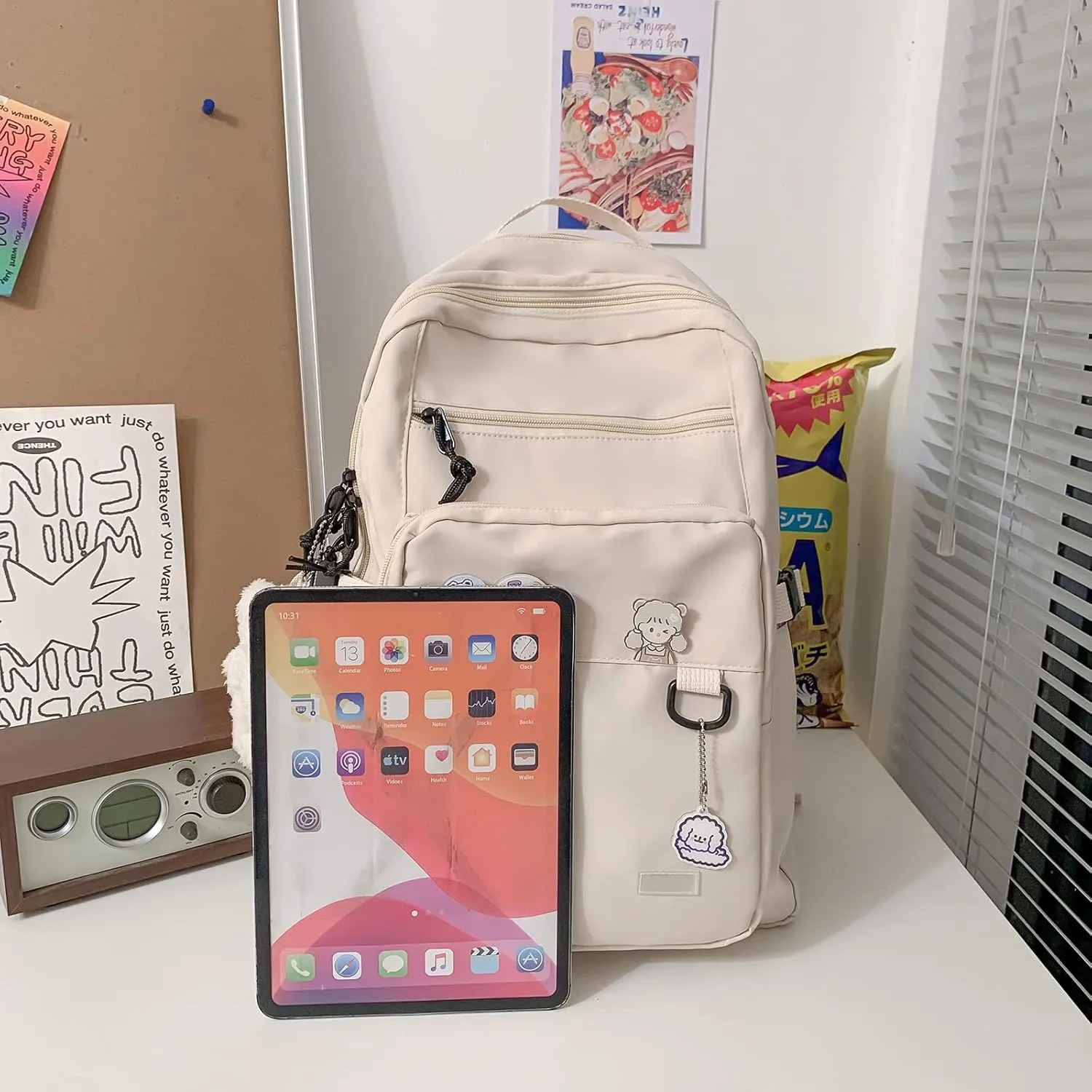 GAXOS Cute Aesthetic Backpack for School Middle Student Travel White Backpack Teens Girls Bear Pin Book Bags