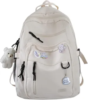 GAXOS Cute Aesthetic Backpack for School Middle Student Travel White Backpack Teens Girls Bear Pin Book Bags