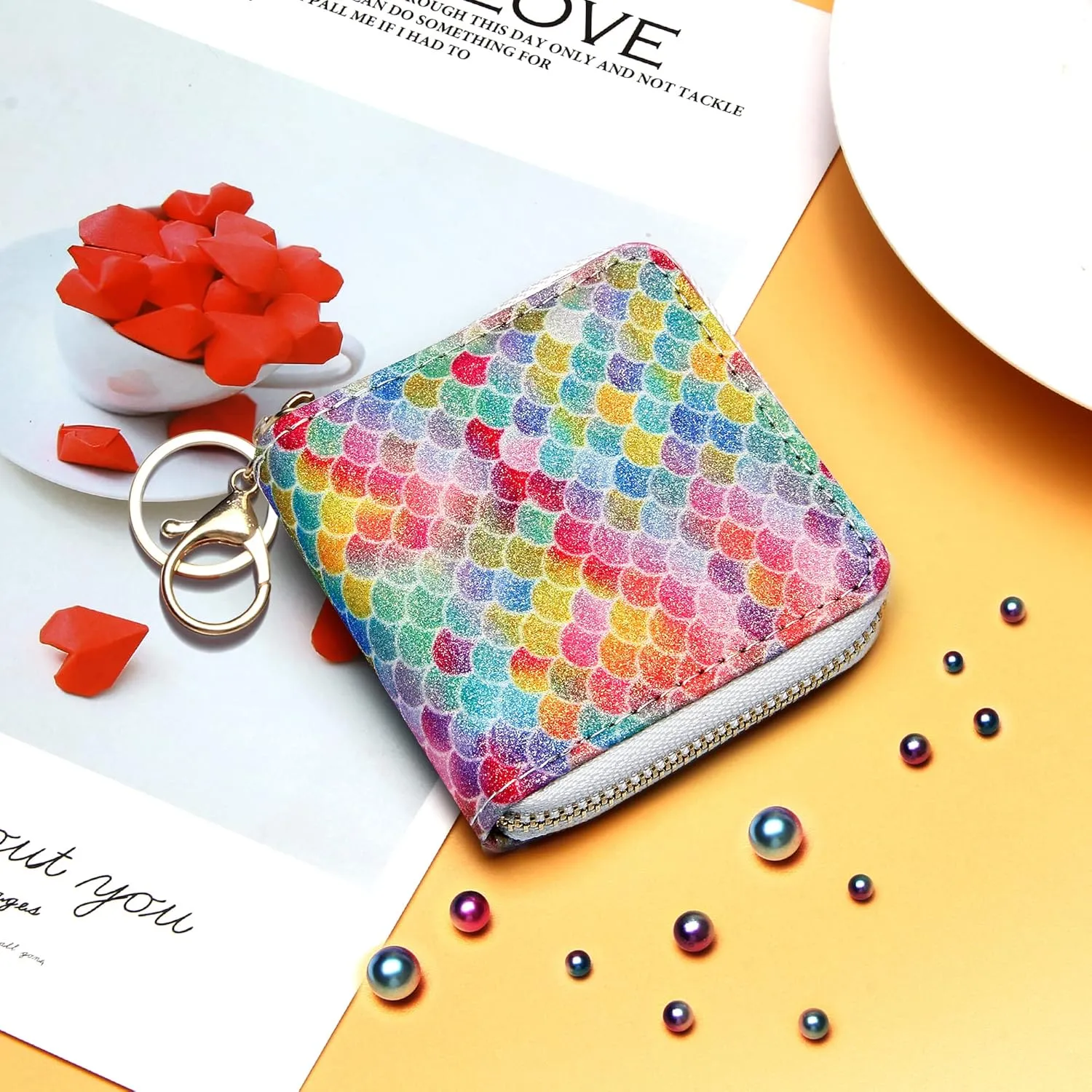 GEEAD Small Glitter Wallet for Women Girls Mini Coin Purse Pouches with Key Ring