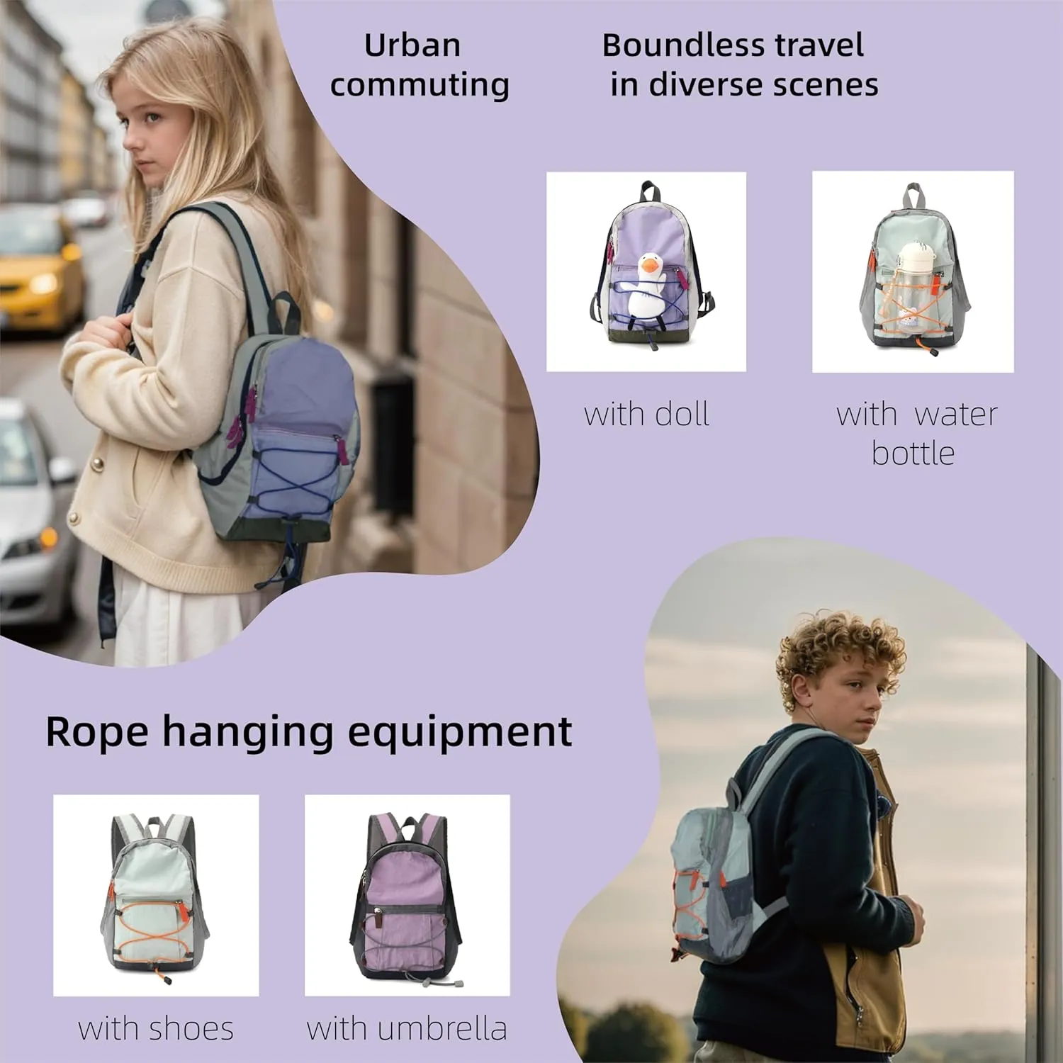 Geerlaqaly hiking backpack, suitable for both men and women, lightweight and large capacity, suitable for leisure and urban use, with reflective strips and whistle,greypurple