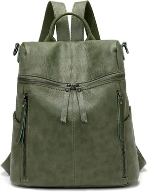Genuine Cow Leather Backpack Shoulder Handbag Bag for Women, Top Handle & 2 Detachable Straps- Green