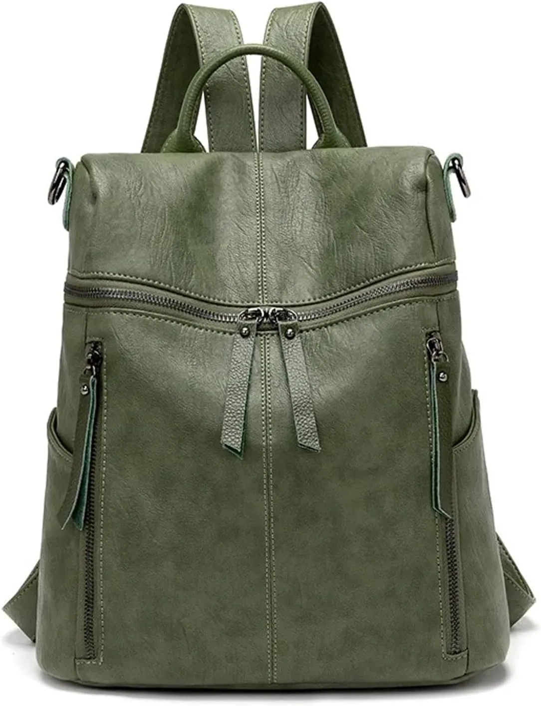 Genuine Cow Leather Backpack Shoulder Handbag Bag for Women, Top Handle & 2 Detachable Straps- Green